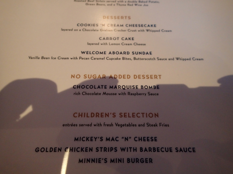 Disney Wonder Triton's menu