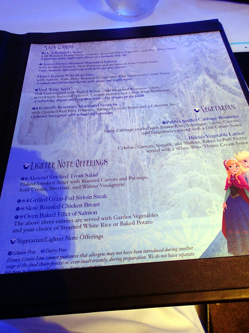 Disney Cruise Frozen menu