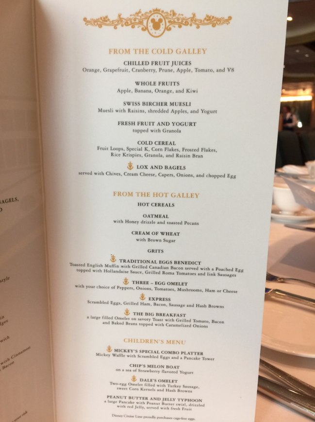 Disney Wonder breakfast menu