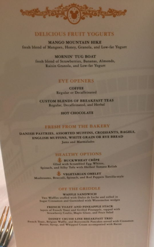 Disney Wonder breakfast menu