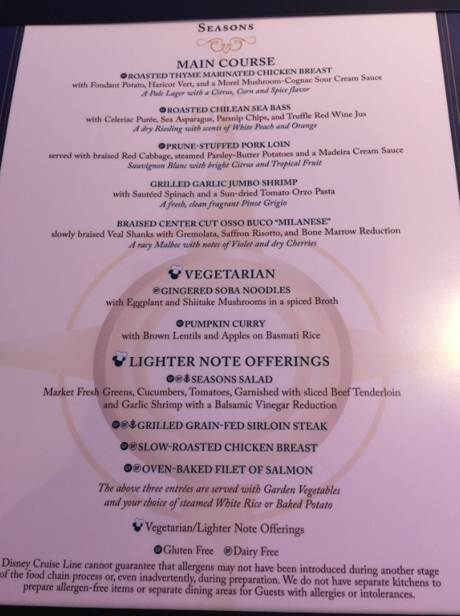 Disney Wonder Seasons menu