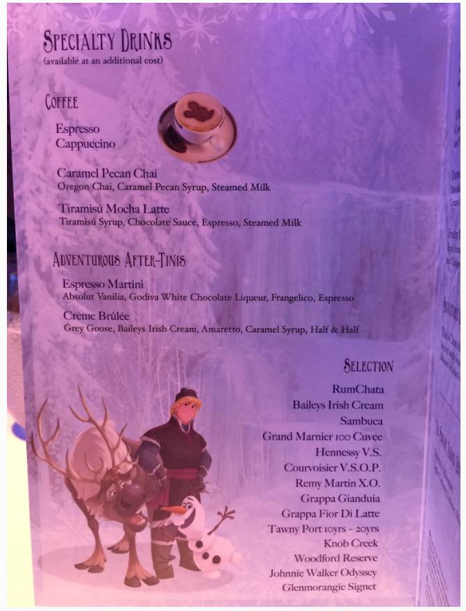 Disney Cruise Frozen menu