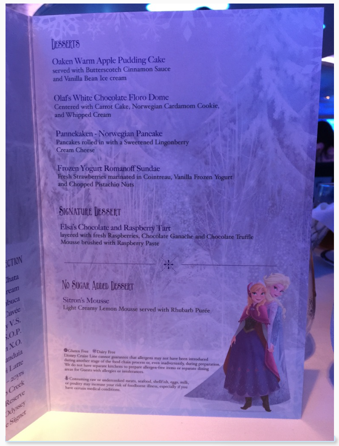 Disney Cruise Frozen menu