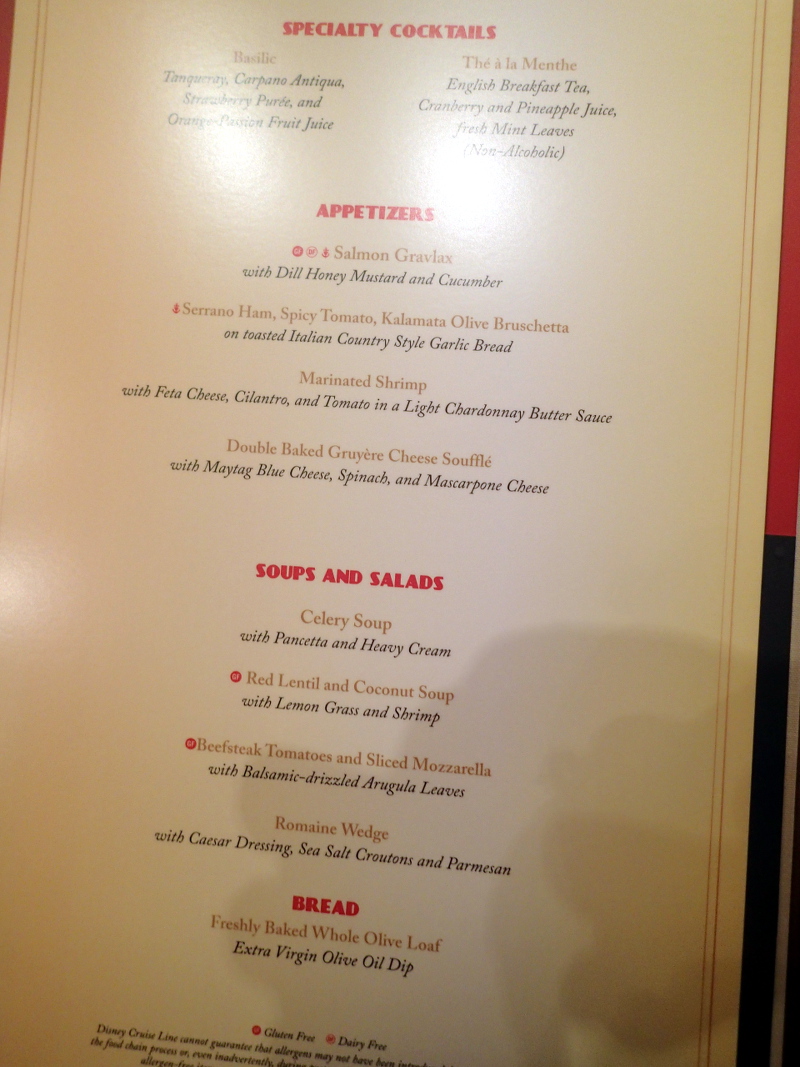 Disney Cruise Land and Sea Menu