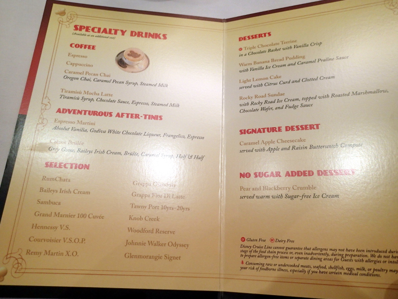 Disney Cruise Land and Sea Menu