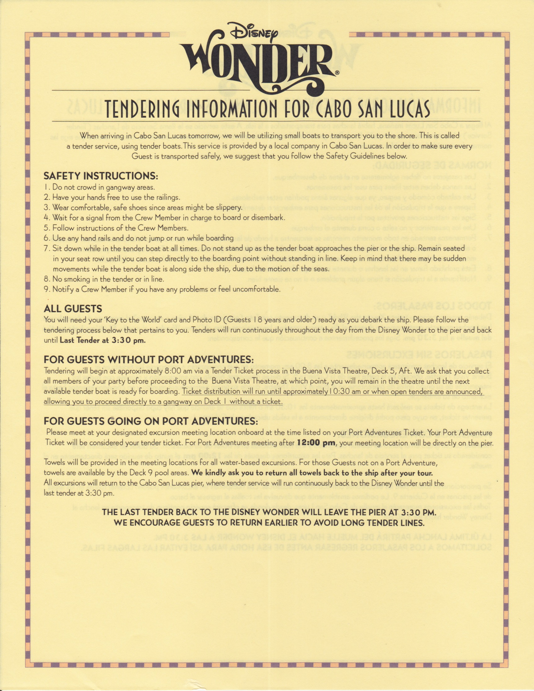 Cabo San Lucas tender instructions