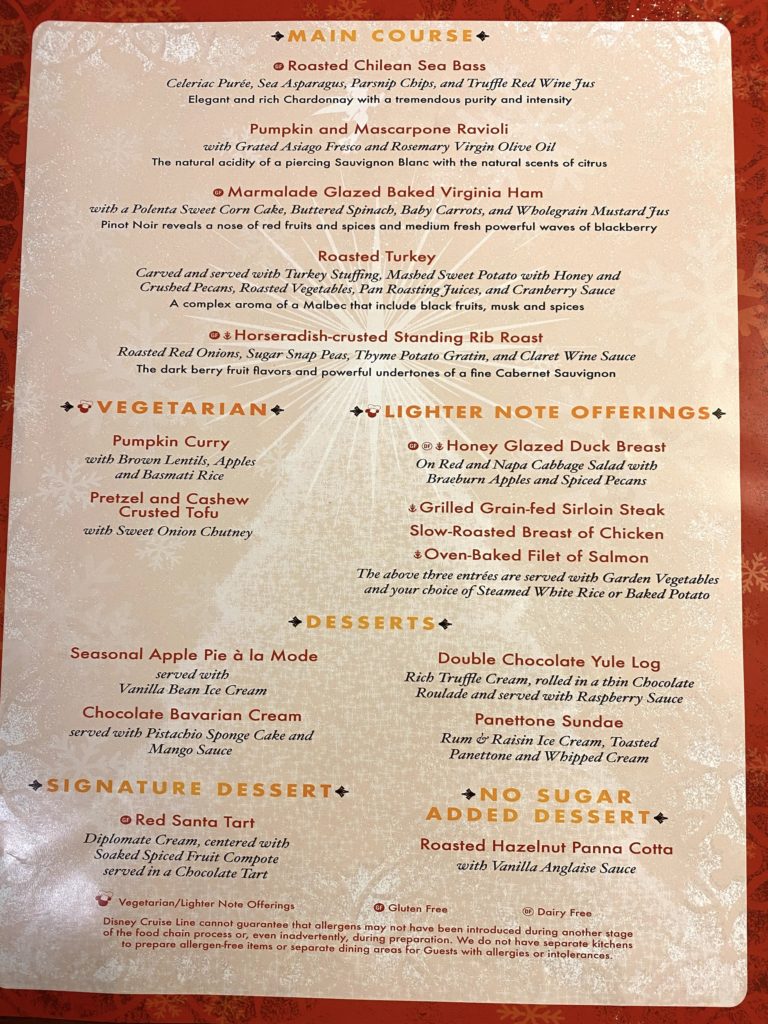 Disney Dream Happy Holidays Christmas Menu