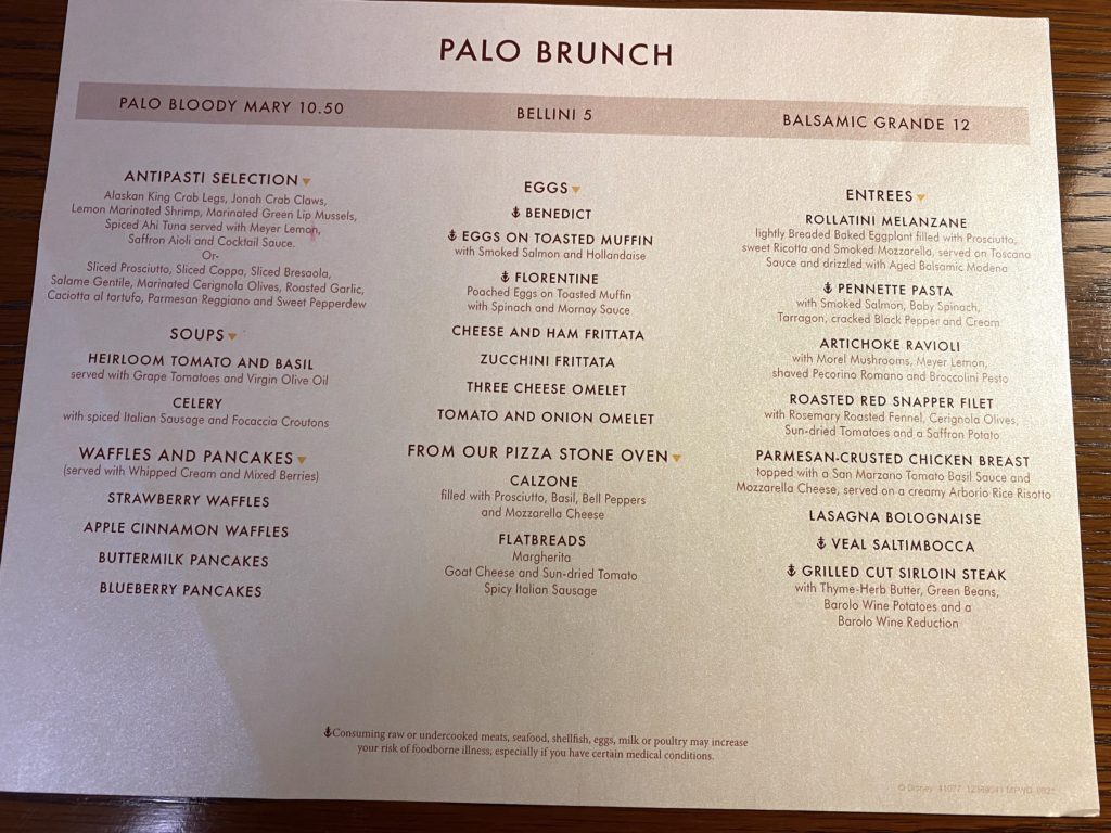 Disney Dream Palo Brunch menu
